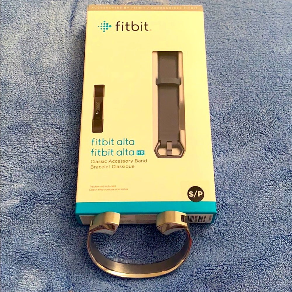 Fitbit Alta HR silver bangle and gray rubber band